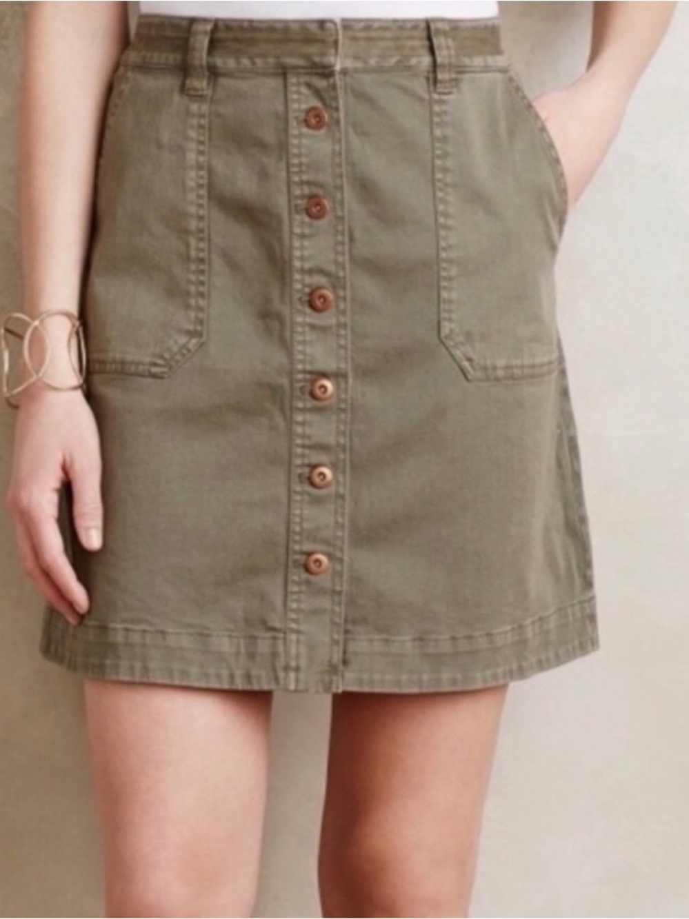 Anthropologie Pilcro Olive Utility Mini Skirt Button Front Size 12